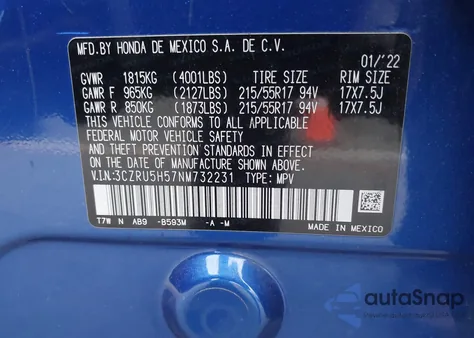 2022 Honda Hr-V 2Wd Ex from USA, damaged, VIN 3CZRU5H57NM732231